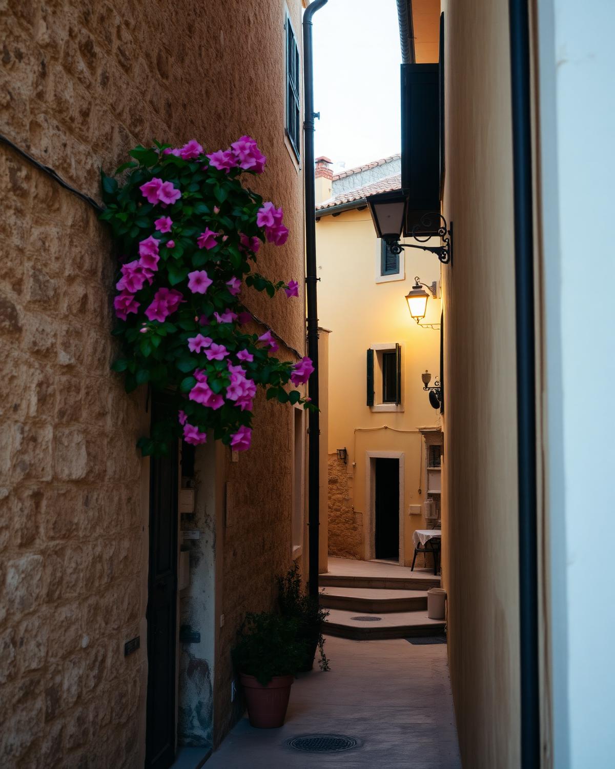 Vicolo di un borgo marinaro adriatico con case chiare
